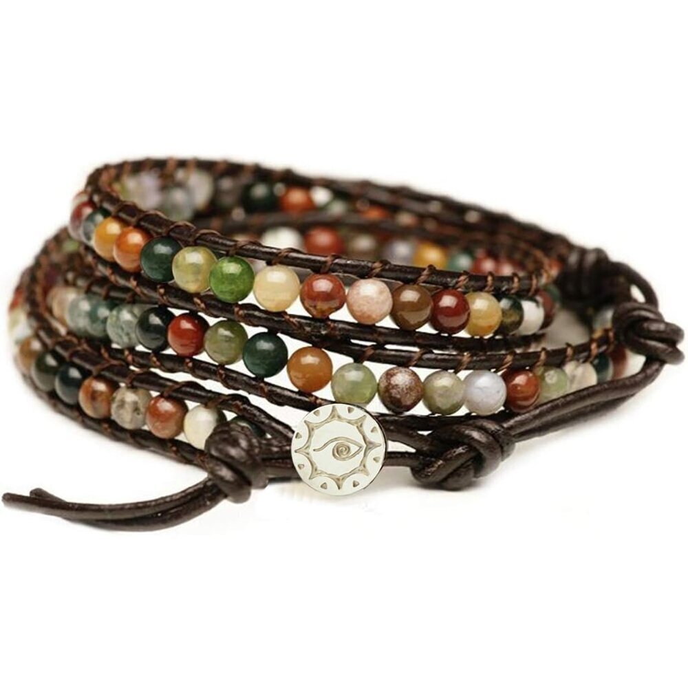 Leather Bracelet Genuine Leather Agate Stainless Steel Snap Button Wrap